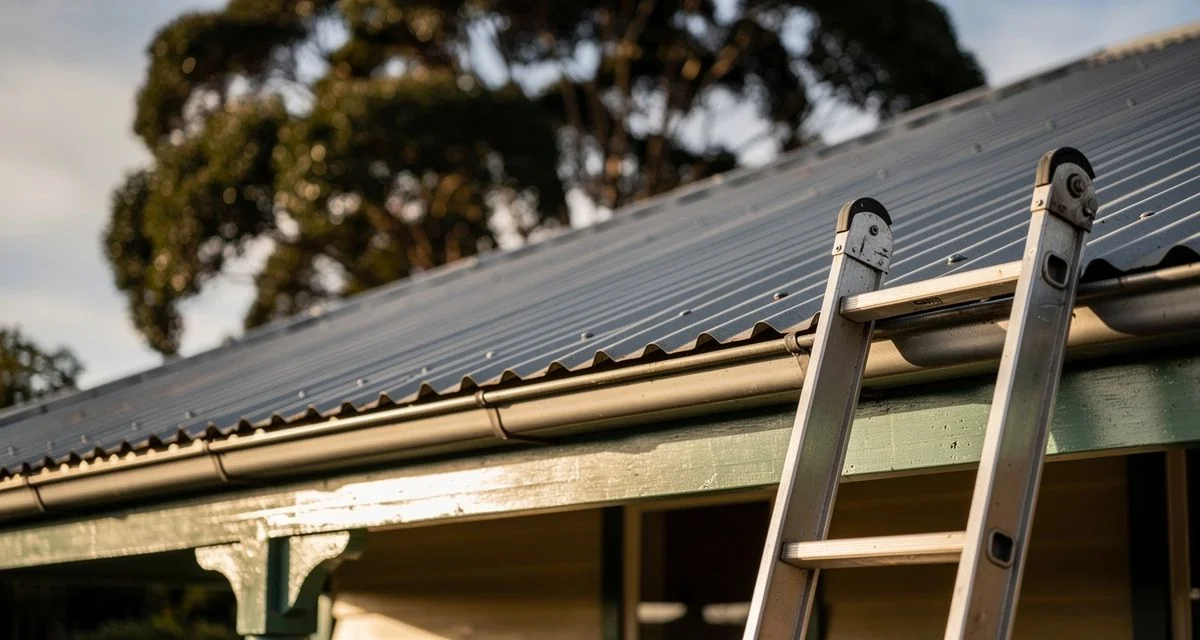 Newly cleared gutter on an older Feilding villa with shelter trees behind