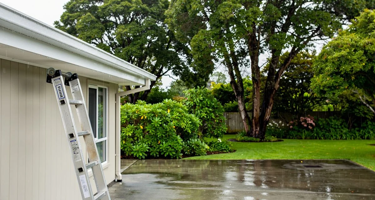 Cleared gutter on a Levin home after rain with large trees behind