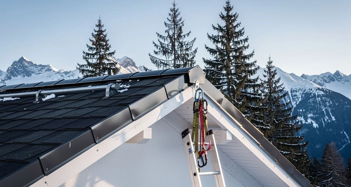 Cleared gutter on a steep Queenstown roof with snowy mountains behind