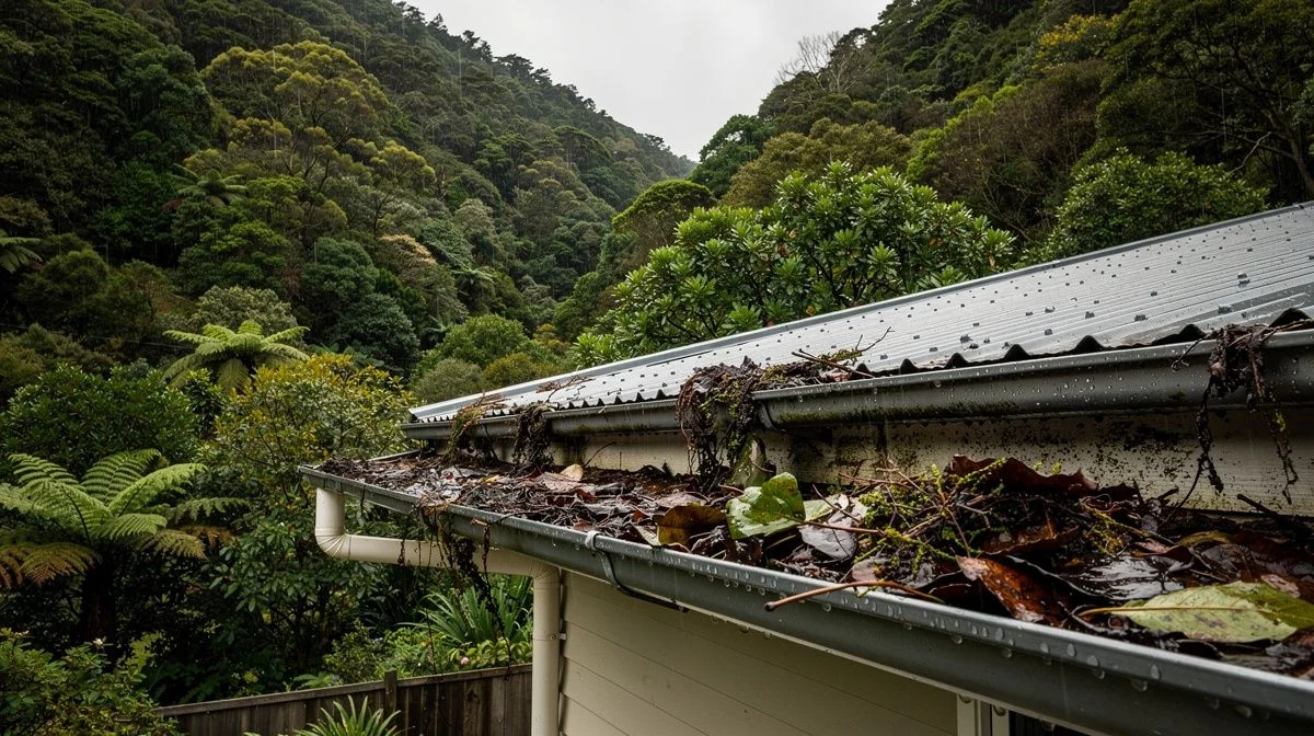 Gutter carrying wet leaves and bush litter on an Upper Hutt home below dense native bush