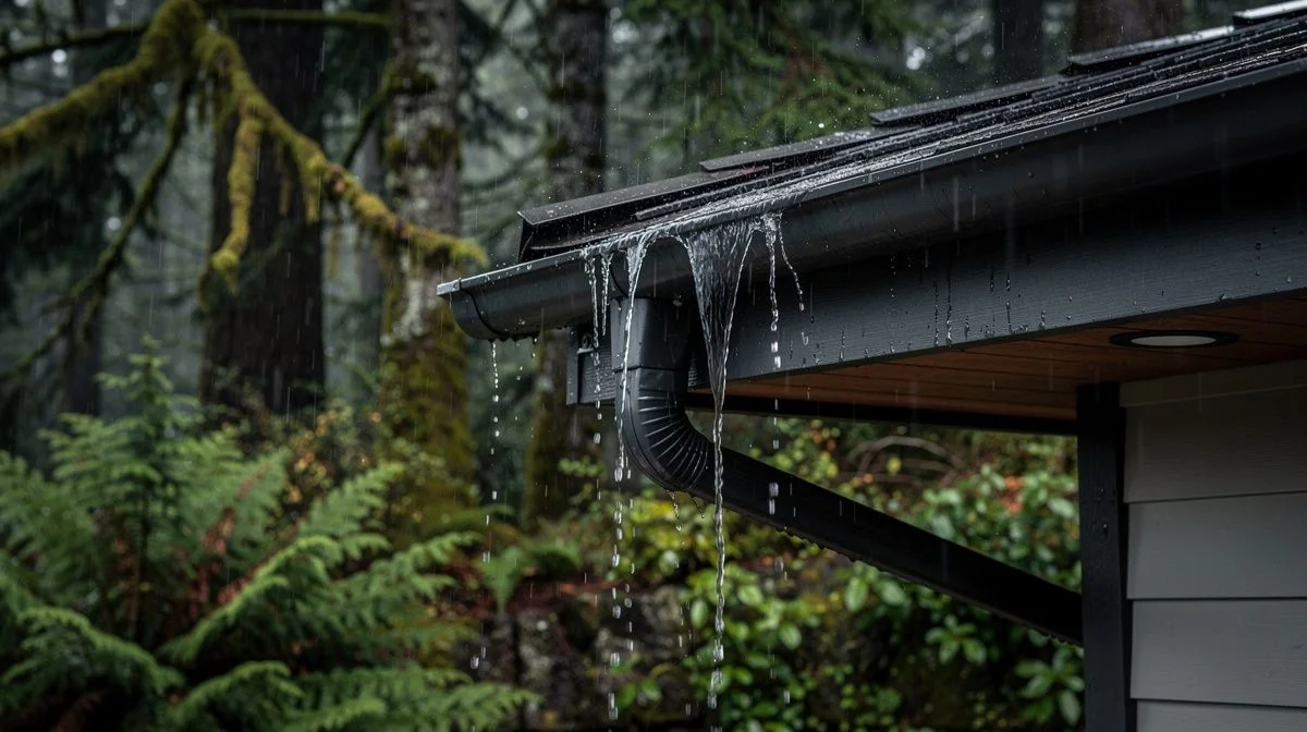 Overflowing spouting in heavy rain on a West Coast home below dense rainforest
