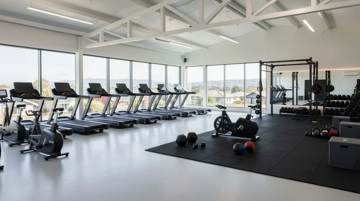 Spacious gym with cardio machines and a functional training zone across a bright open floor