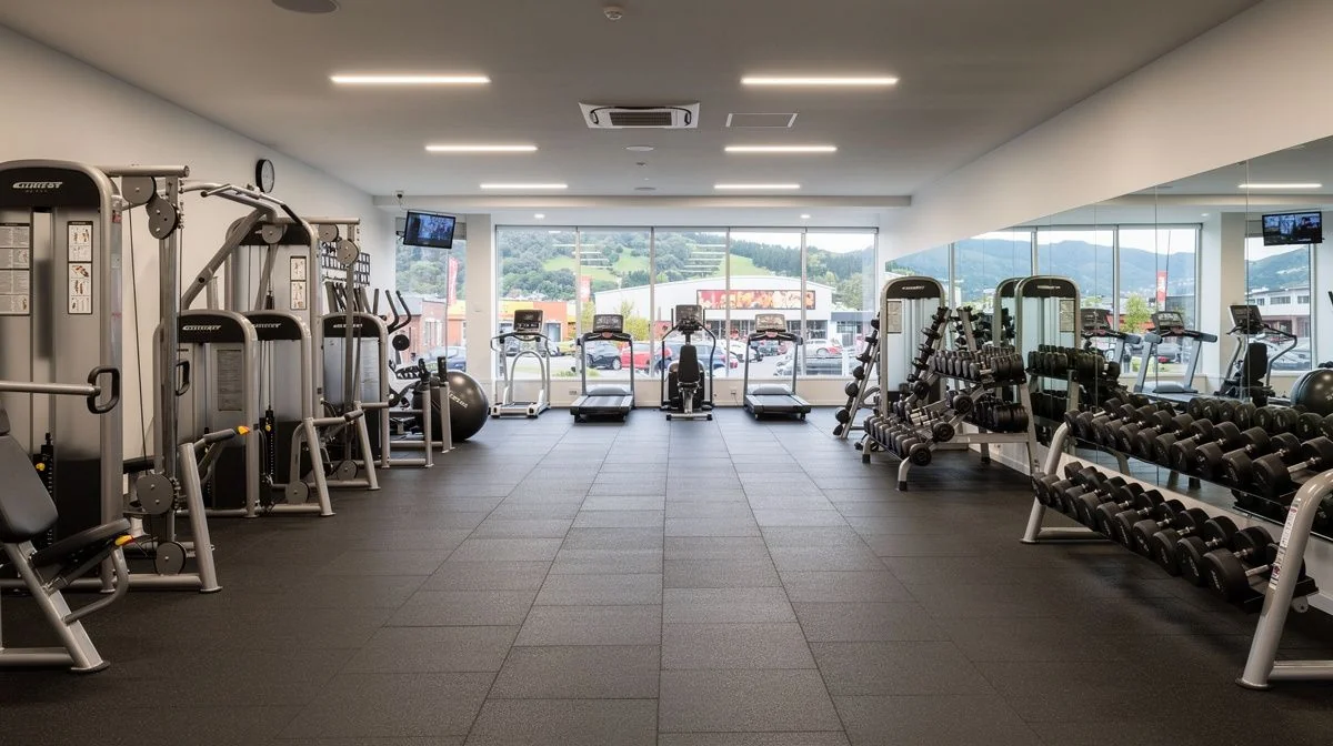 Gym area with resistance machines, free weights and a stretch space under bright overhead lighting