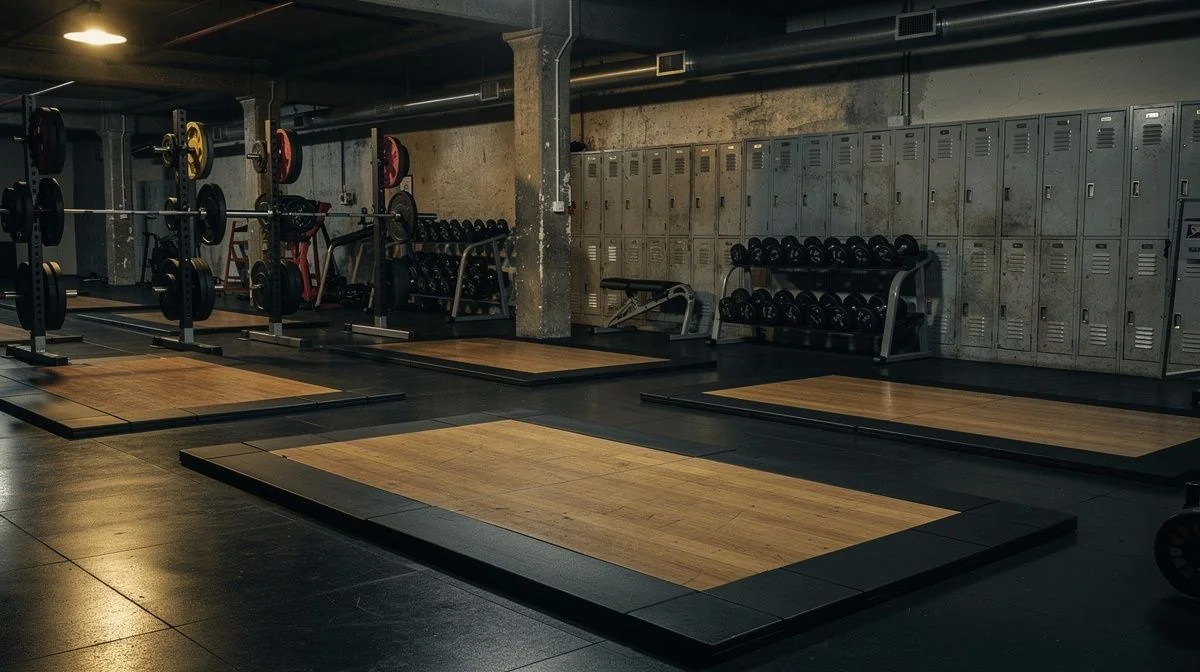Free weights and lifting platforms on a compact inner-city gym floor with lockers along one wall