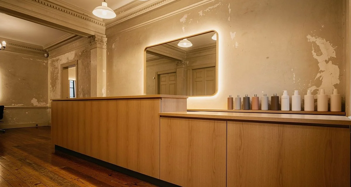 Whanganui salon styling area with timber counter in a character building