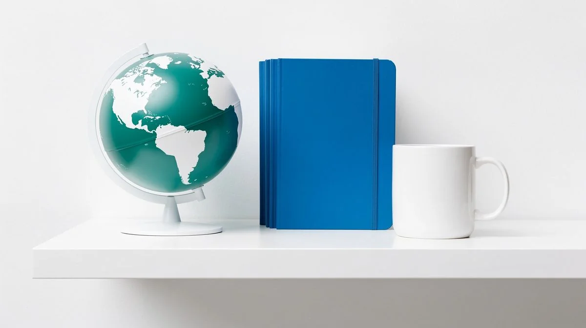 A tidy desk with a laptop, printed statements, glasses and a coffee cup in daylight
