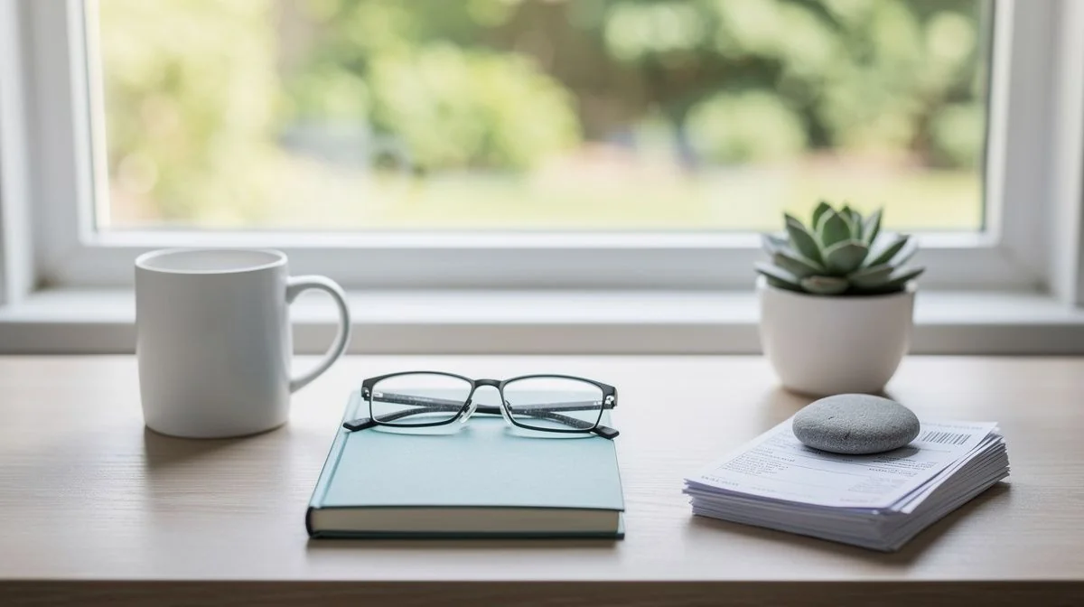 Desk by a window with notebook, mug, plant and folded statements