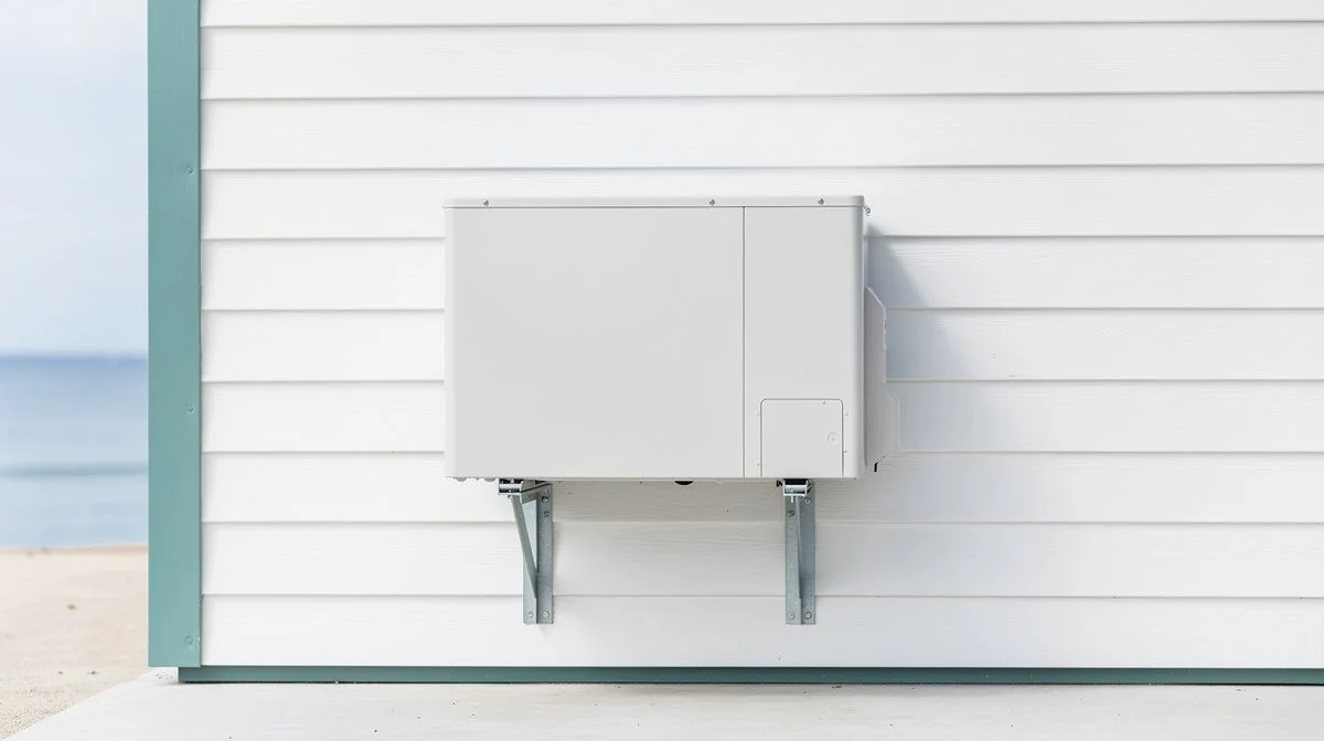 Outdoor heat pump condenser mounted on a low bracket against the weatherboard wall of a coastal home
