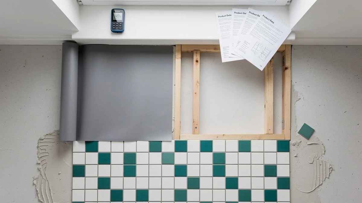 Bathroom renovation in progress with exposed framing and waterproofing membrane roll