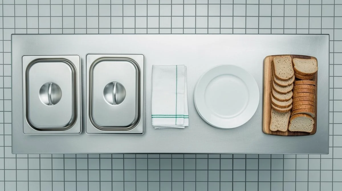 Commercial kitchen bench with covered serving trays, white plates and folded linen