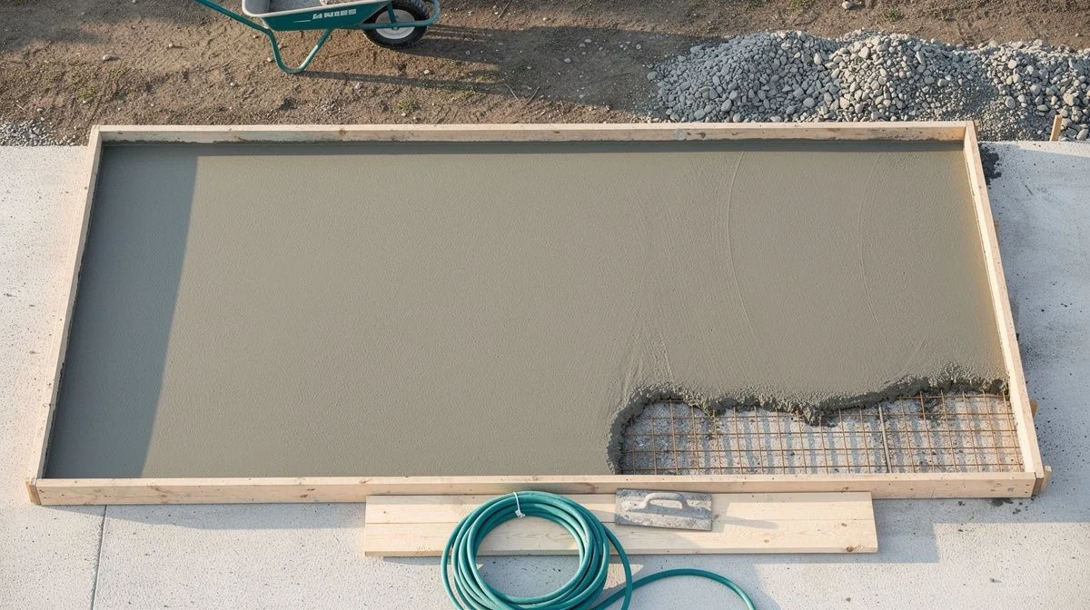 Freshly poured concrete slab with timber formwork and steel mesh at a residential site