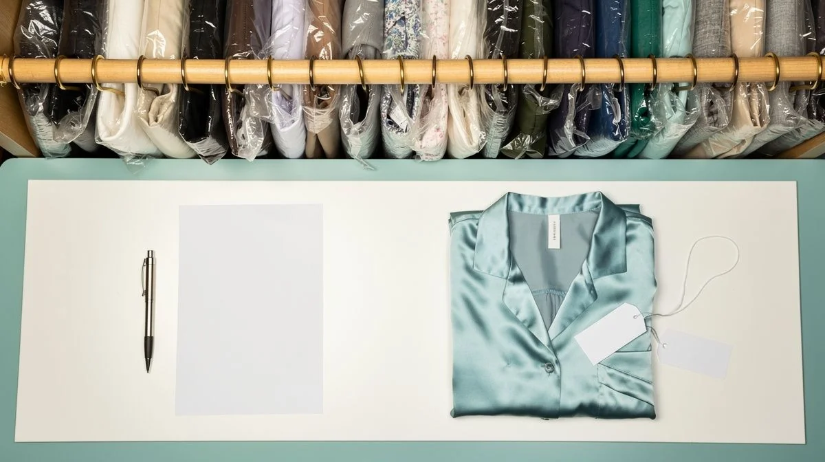 Dry cleaning shop counter with hanging garments, a paper docket and a folded silk blouse