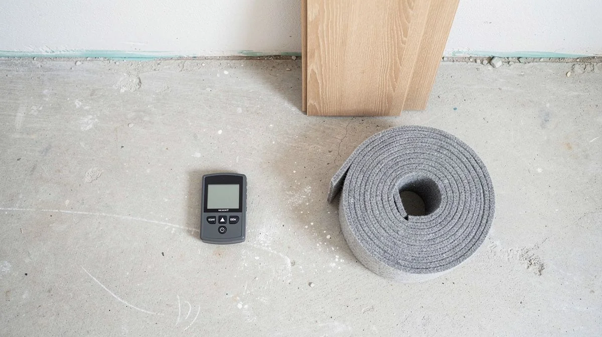 Empty room with concrete slab, moisture meter, underlay coil and timber planks