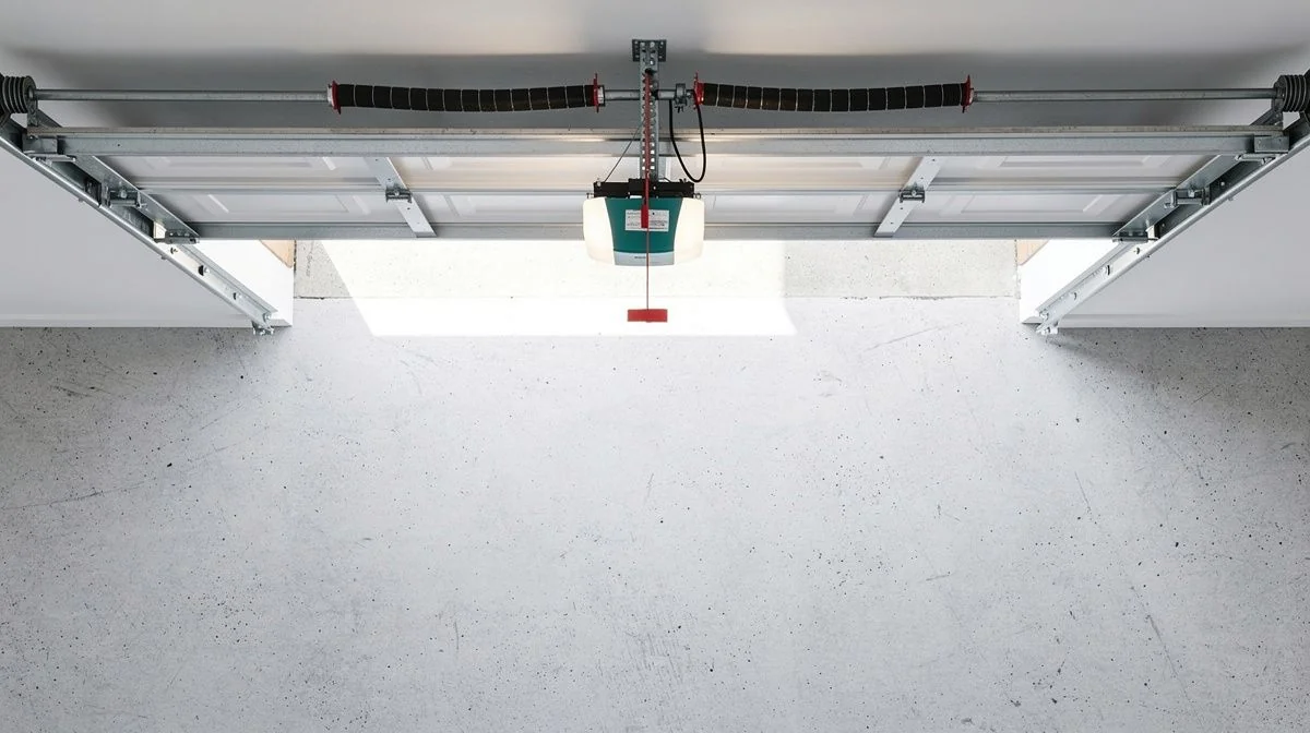 Garage interior showing torsion spring assembly, tracks and ceiling-mounted door opener