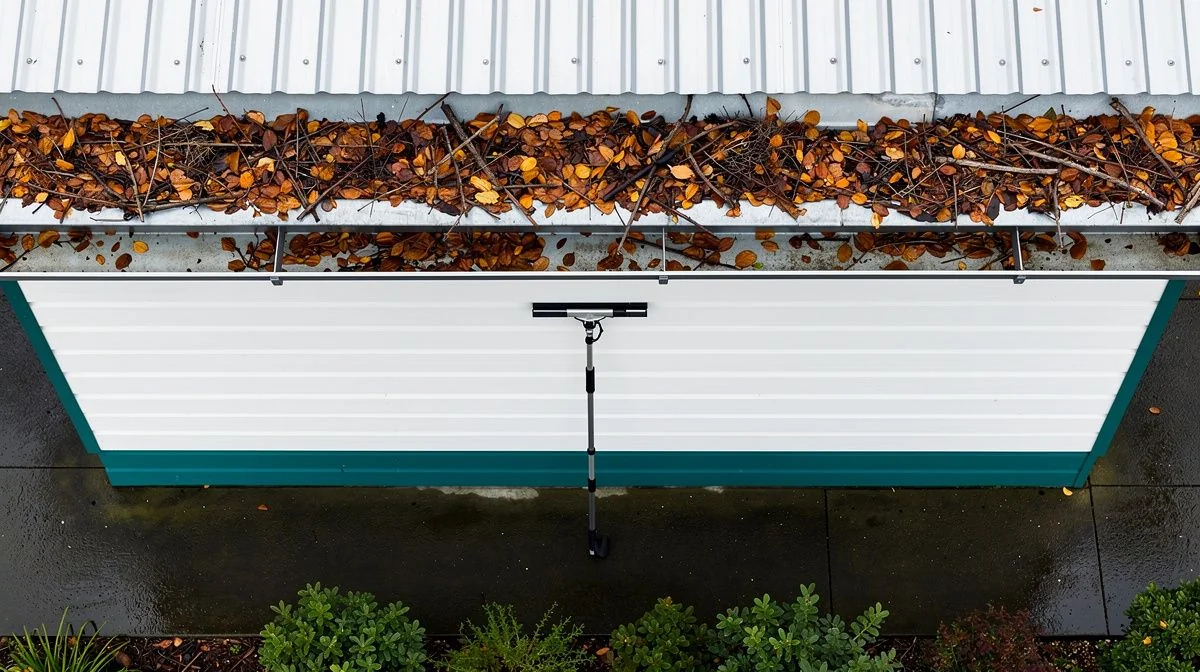 Leaf-filled gutter on a weatherboard house with a telescopic cleaning pole below