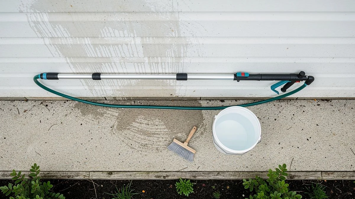 low-pressure hose and telescopic pole beside damp weatherboard cladding on an older house
