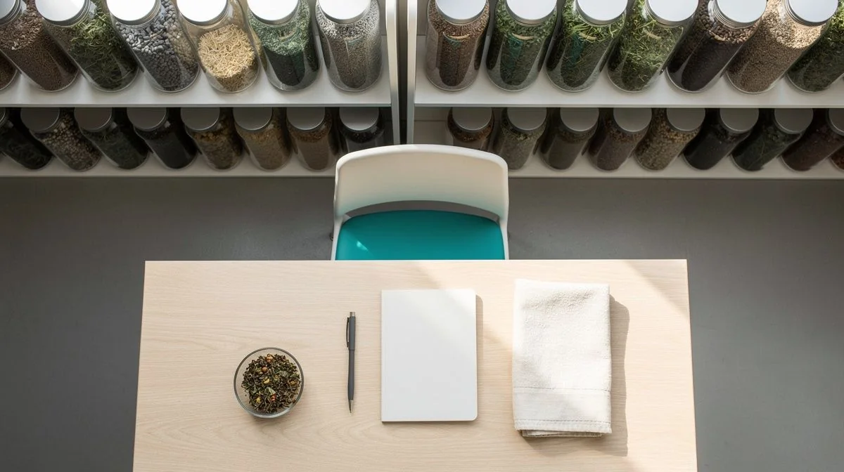 Consultation room desk with notebook, pen and jars of dried herbs