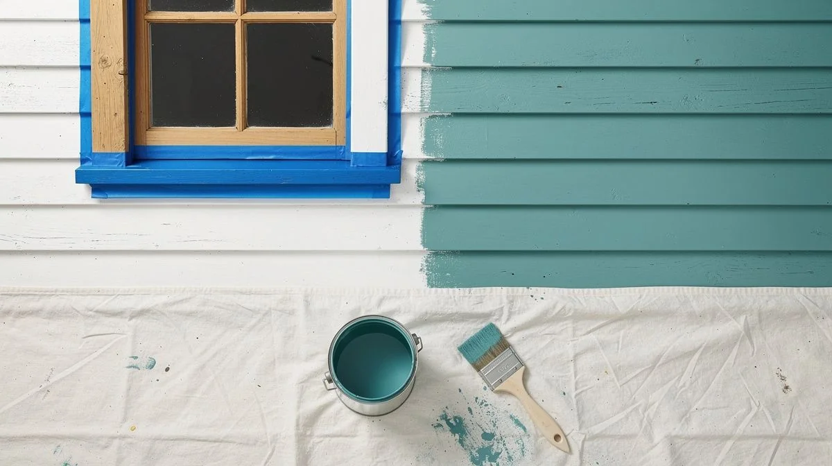 Older weatherboard house wall mid-repaint with masking tape and drop sheet