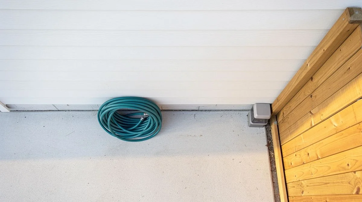 Bait station fixed beside a timber fence at a suburban home