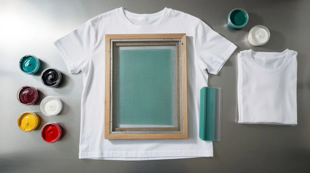 Screen printing workshop bench with mesh screen, squeegee and blank shirts