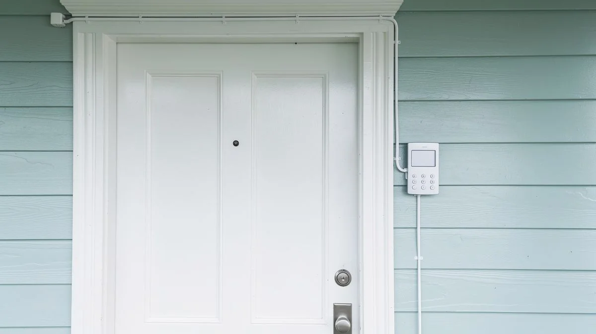 A wall-mounted alarm keypad beside the front door of a weatherboard Auckland villa, with sensor wiring running above the door frame