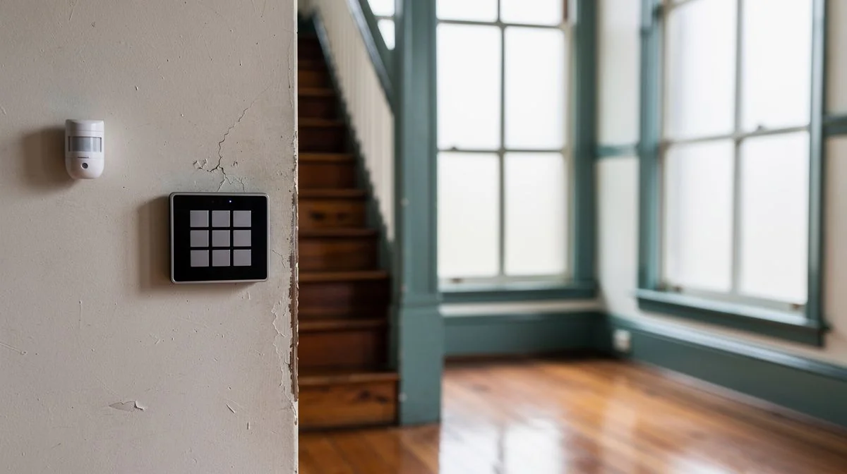A security keypad and sensor fitted in a cold old Dunedin villa hallway, with tall sash windows and a wooden staircase behind
