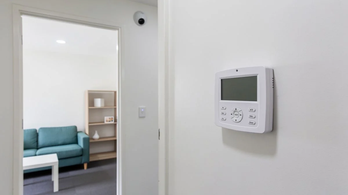 A wall-mounted alarm keypad in the hallway of a Hamilton rental property, with student flat furniture and a security camera visible through the doorway