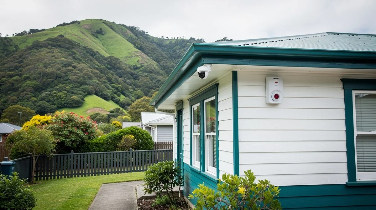 A Hutt Valley weatherboard home with a monitored alarm siren box and outdoor camera, set against the steep bush-clad hills behind the suburb