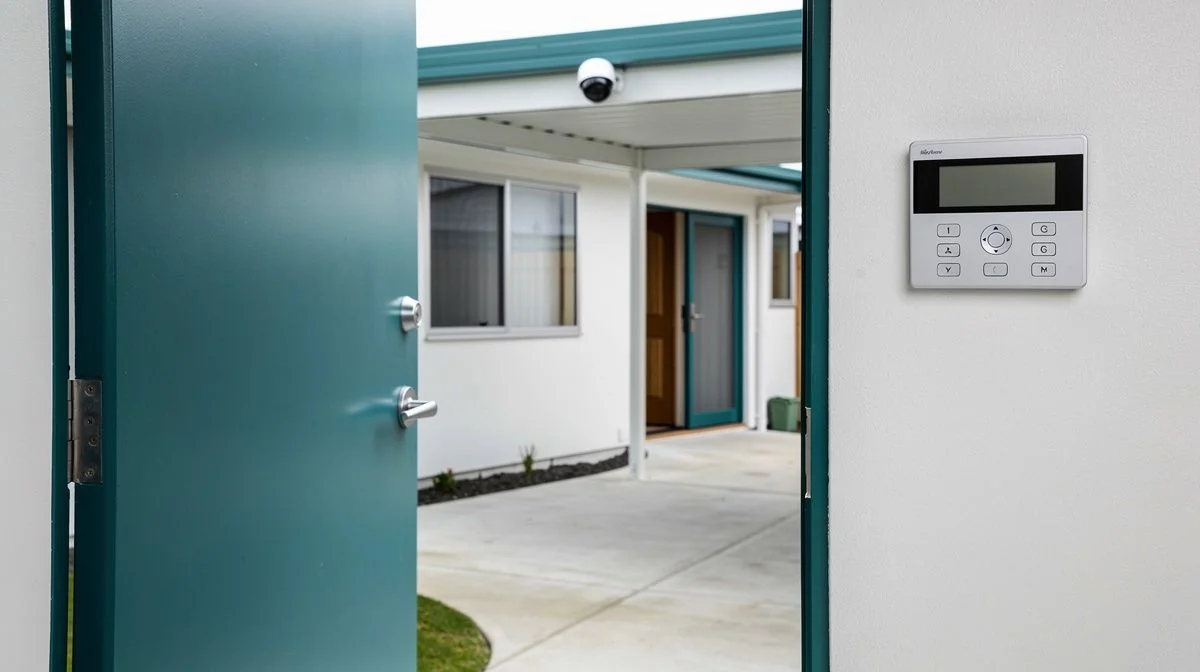 A flat Palmerston North rental property with a monitored alarm keypad inside the front door and a security camera above the carport