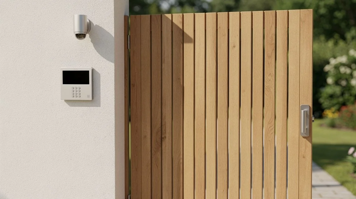 Alarm keypad and small security camera mounted on an exterior wall beside a closed timber gate