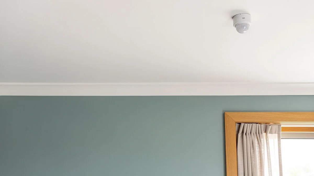 White motion sensor mounted high on a living room wall above a curtain