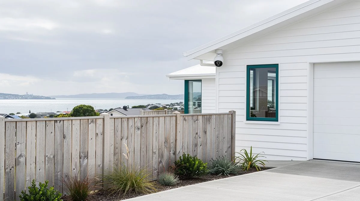 A coastal Tauranga home with white weatherboards and an outdoor security camera, salt-bleached timber fencing and a glimpse of the harbour behind