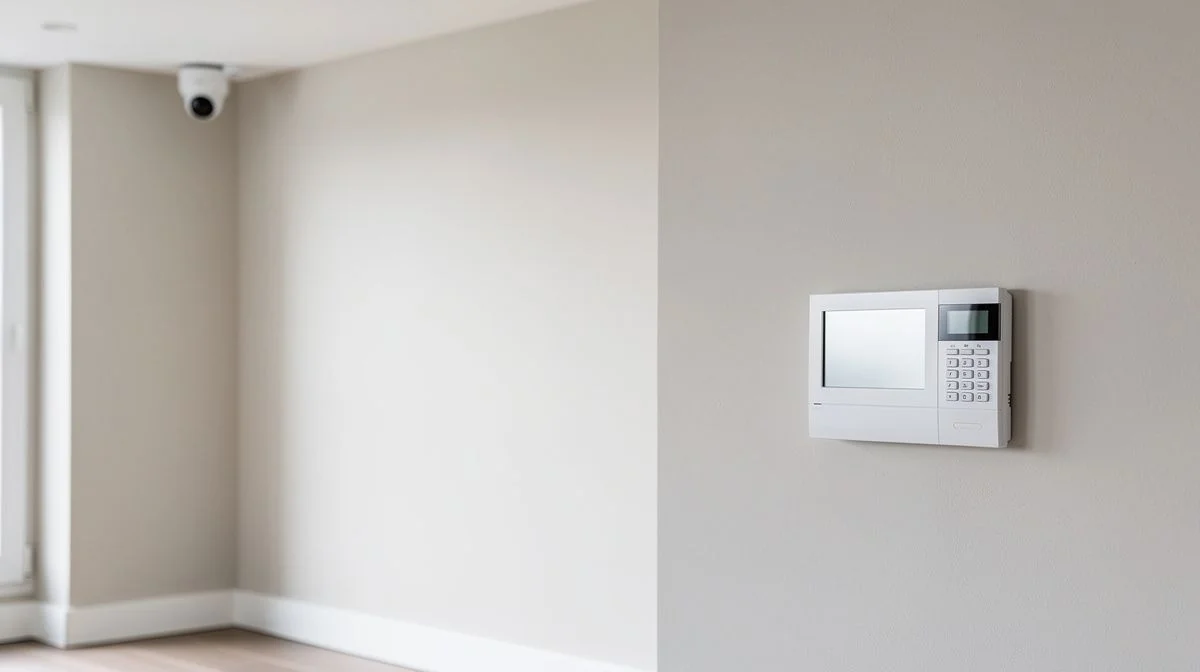 Security alarm panel and keypad on an interior wall with a small camera mounted in the corner of the room