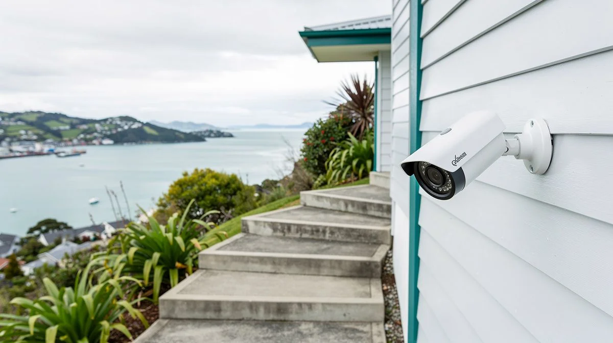 An outdoor security camera mounted on the weatherboard wall of a Wellington hillside home, with a steep stepped path and harbour view behind it