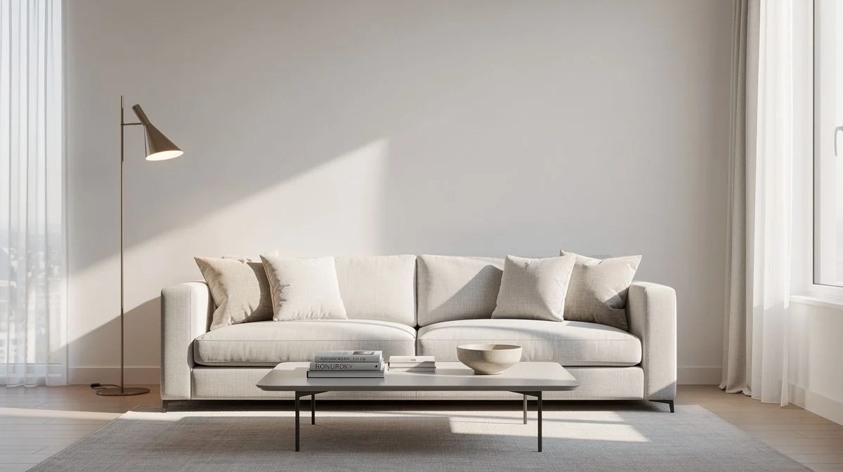 Bright staged living area with a linen sofa, cushions, a floor lamp and a coffee table styled with books and a bowl