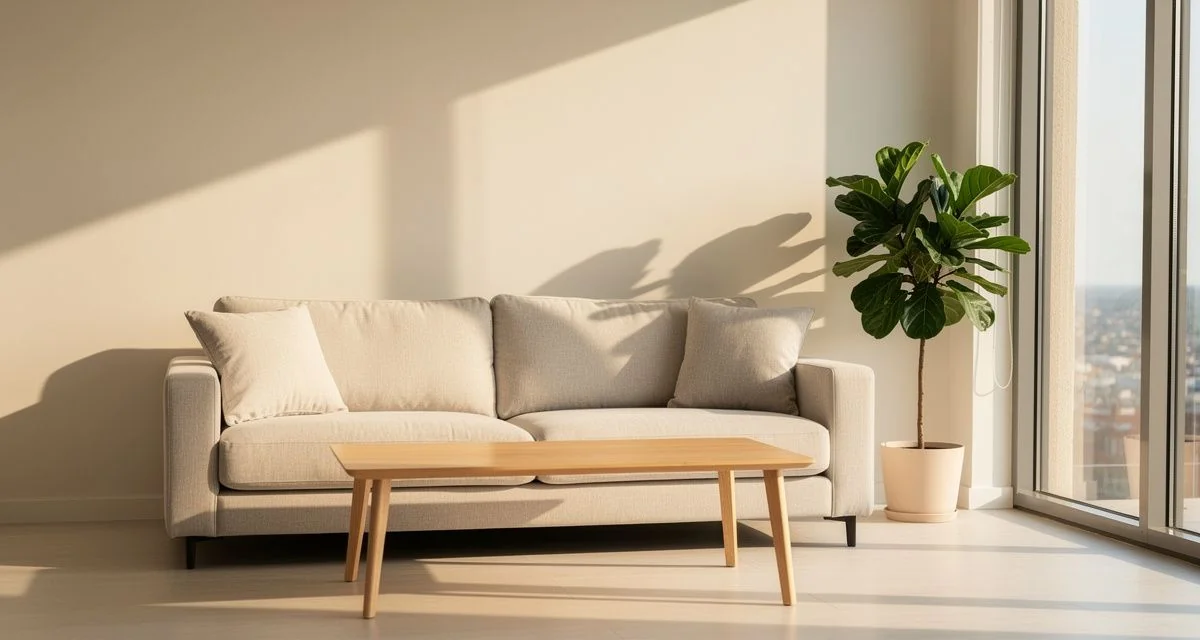 Staged Gisborne living area with linen sofa and potted plant in warm light