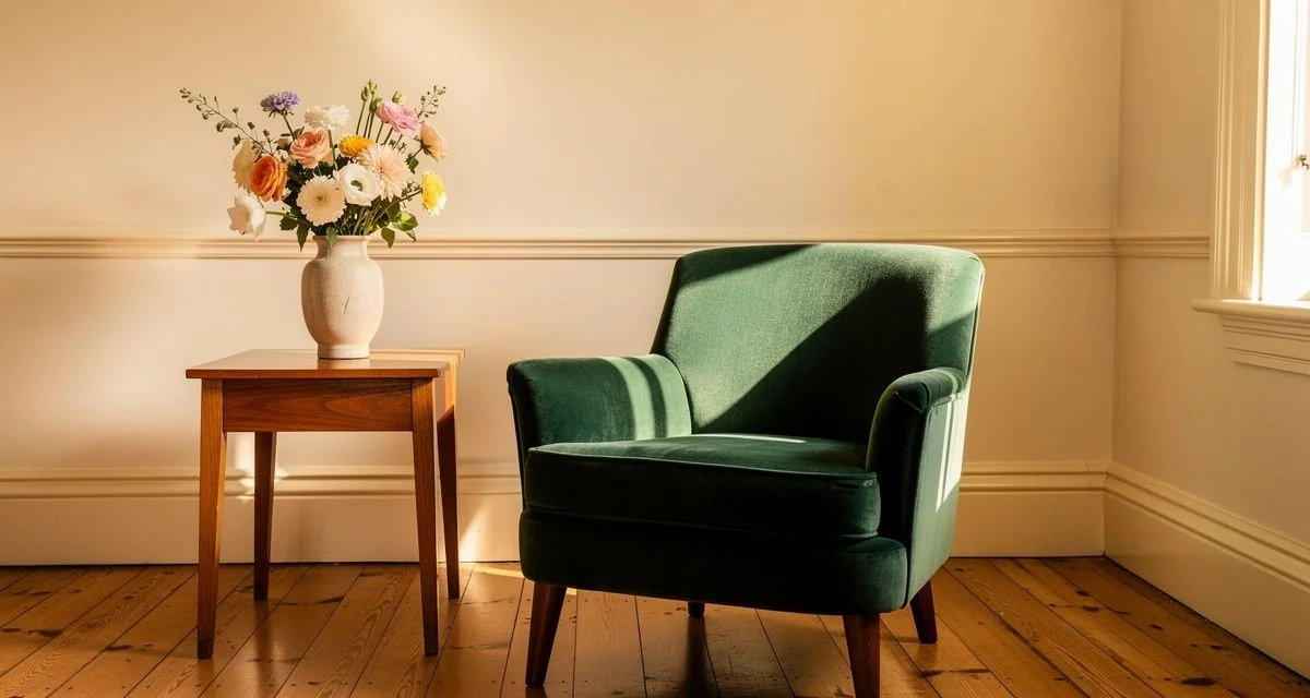 Staged Wairarapa villa sitting room with armchair and flowers against a high stud wall