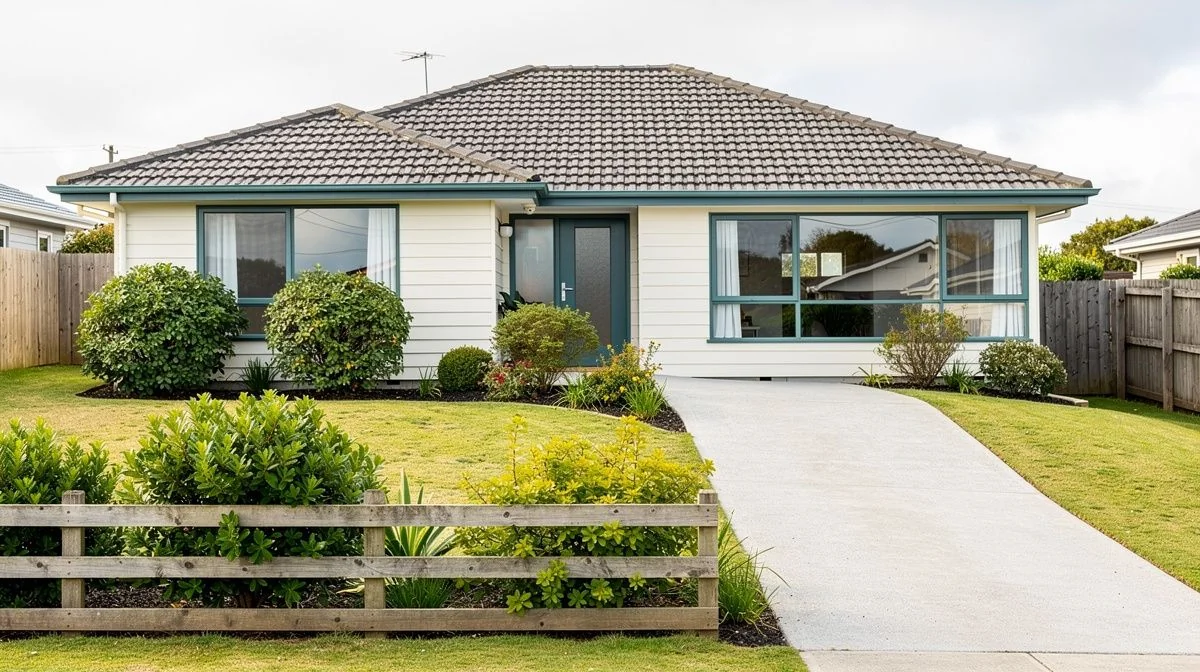A weatherboard New Zealand home with a tiled roof, timber fence and established front garden, viewed from the street