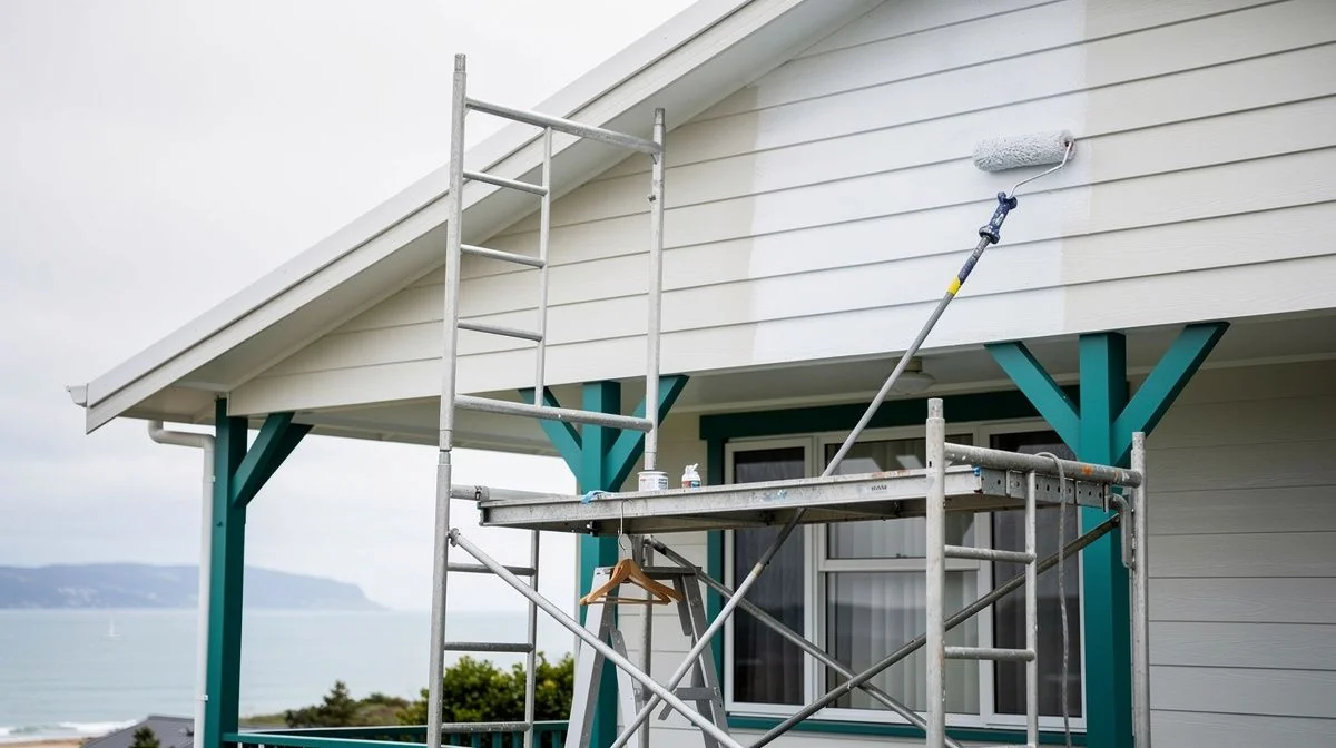 Painter on scaffolding rolling a fresh coat onto the upper weatherboards of a coastal Tauranga home