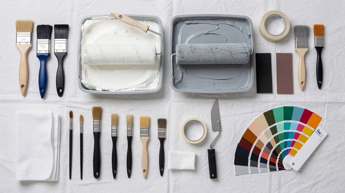 Paint rollers, brushes, sanding blocks and a fanned colour deck laid out flat on a drop cloth
