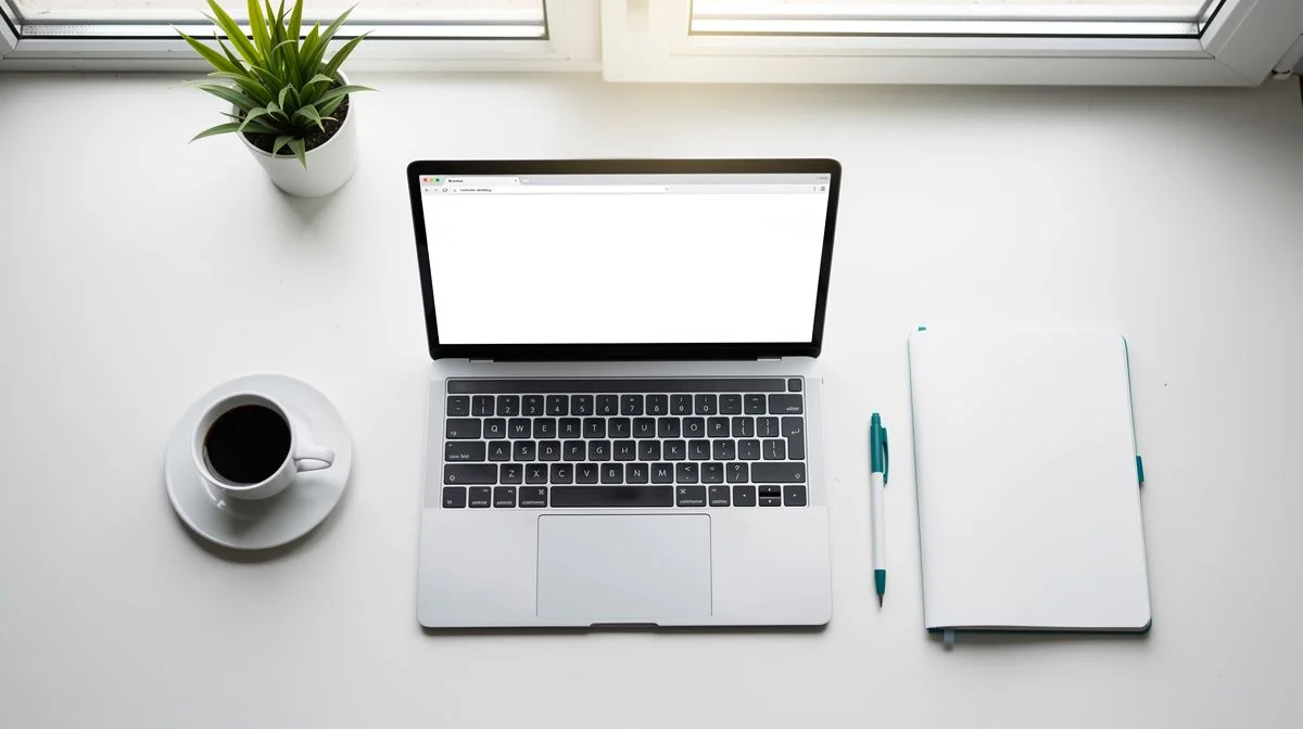 Home office desk with laptop, notebook and coffee beside a bright window