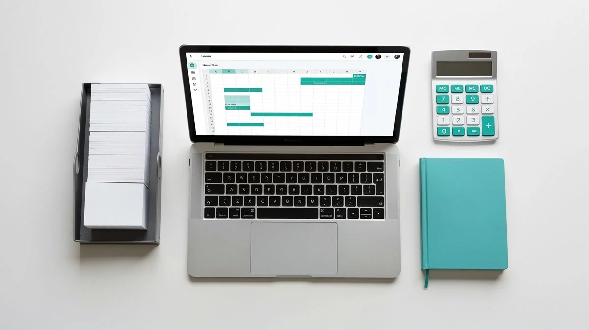 A tidy home office desk with receipts, a calculator, a ledger and a laptop