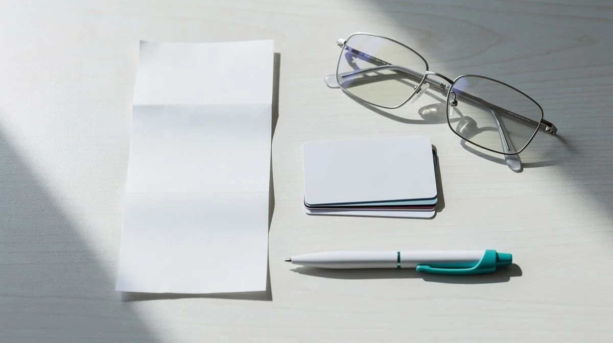 Payment cards, folded statement and reading glasses on a wooden desk