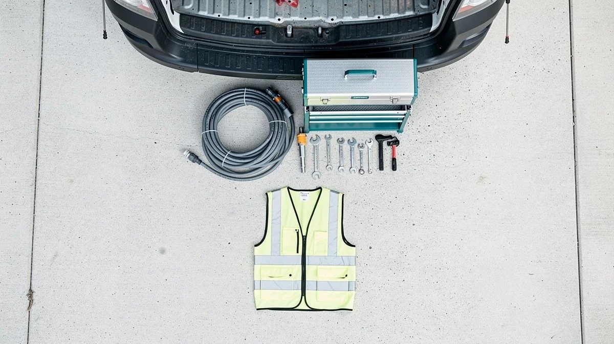 Trade van interior with tools, cable and clipboard on a driveway