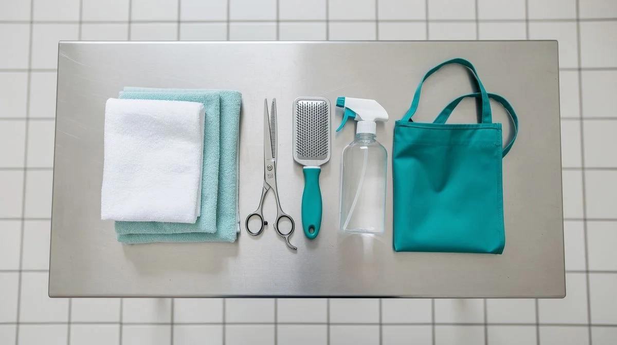 Grooming table with towels, brush, scissors and spray bottle in a salon