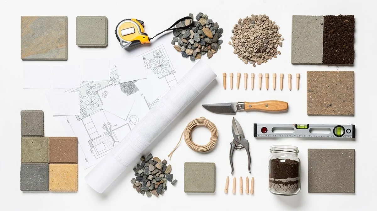 Garden plan drawing with paver samples, pegs, tape measure and secateurs laid out flat