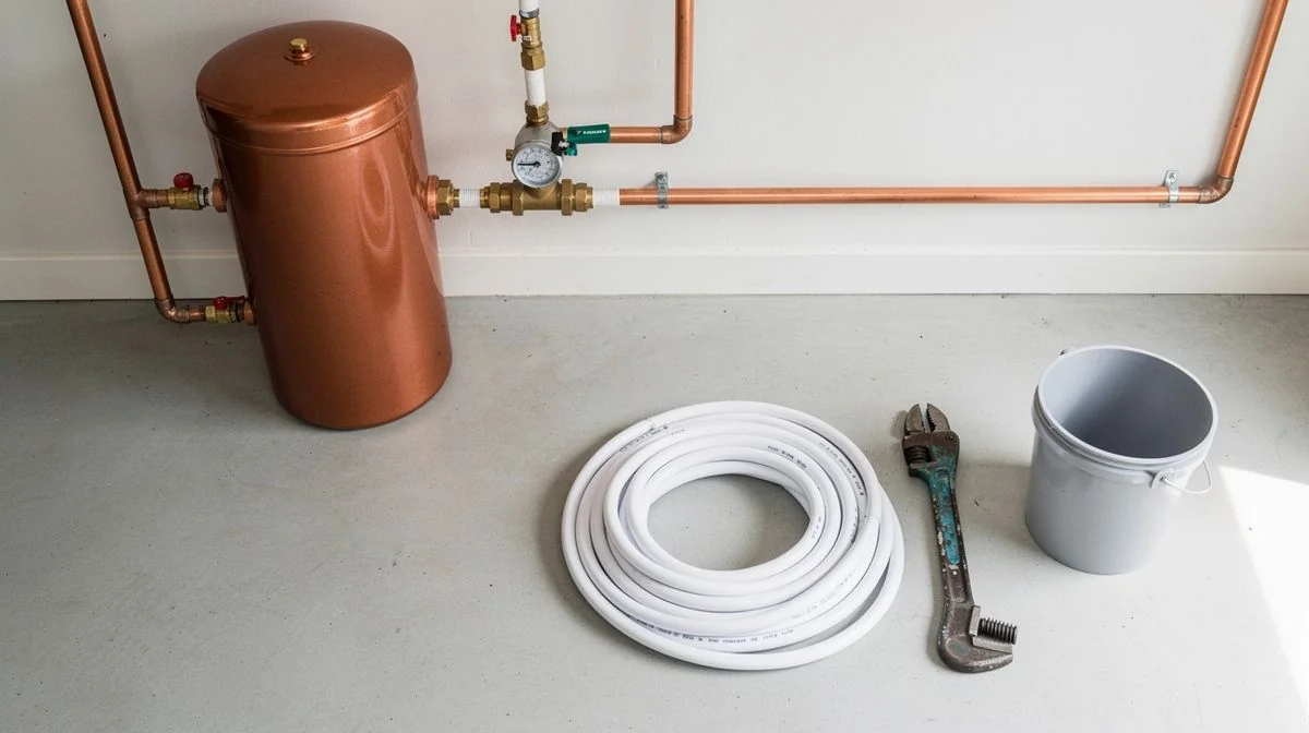 Copper hot water cylinder with insulated pipes and brass fittings in a garage