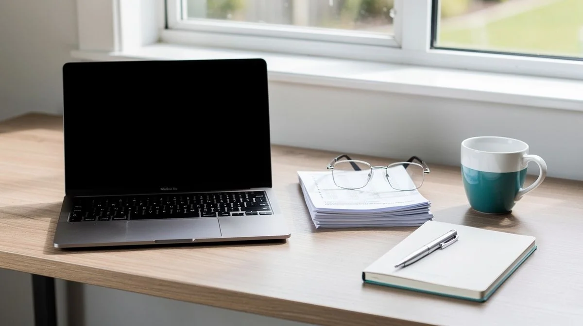 A tidy home desk with laptop, paperwork, glasses and coffee in morning light