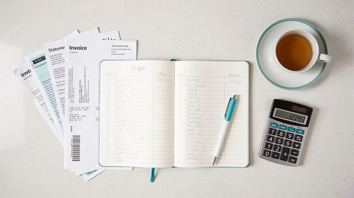 A kitchen bench with a budgeting notebook, household bills, calculator and cup of tea