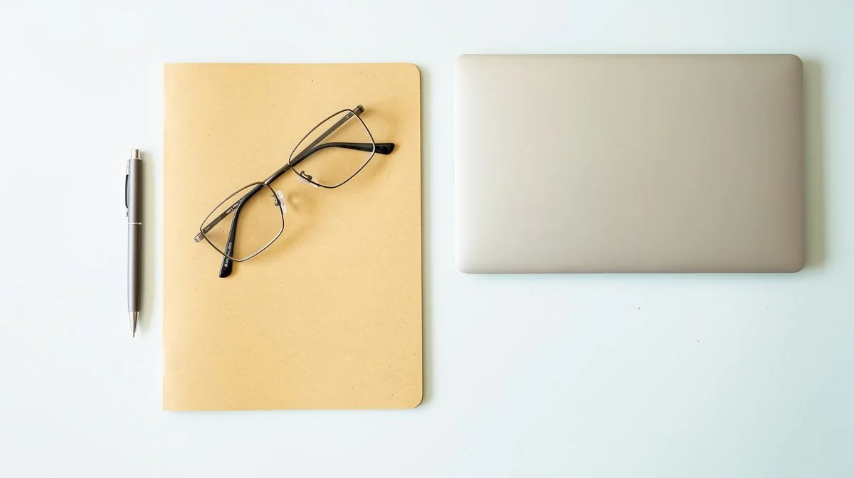 Closed document folder, pen and folded glasses on a home office desk
